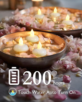 Decorative bowls with floating candles and flowers, labeled '200 hours' and 'Touch Water Auto Turn On'.
